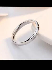 1pc Fashionable Cubic Zirconia Titanium Steel Ring, Versatile Luxury Jewelry Accessory, Unique Stainless Steel Couple Rings, Minimalist Plain Band Rings, Halloween Gift, Christmas Small Gift - Silver - View 2