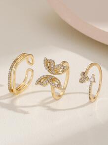 3pcs/Set Fashionable Open Cubic Zirconia Butterfly, Heart & Line Design Ring Set, Personalized INS Style Rings, Multiple Colors Available, Suitable For Women's Daily, Festival, Party Wear Or Gift