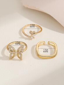 3pcs/Set Fashionable Open Cubic Zirconia Butterfly, Heart & Line Design Ring Set, Personalized INS Style Rings, Multiple Colors Available, Suitable For Women's Daily, Festival, Party Wear Or Gift