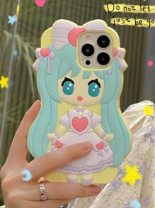 新款可愛卡通矽膠長髮女孩粉紅色手機保護殼 - 藍色 - 查看 2