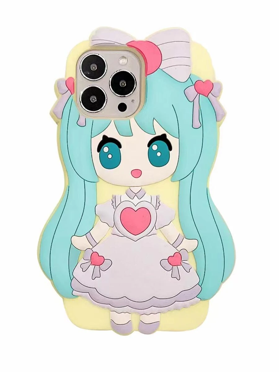 新款可愛卡通矽膠長髮女孩粉紅色手機保護殼 - 藍色 - 查看 1