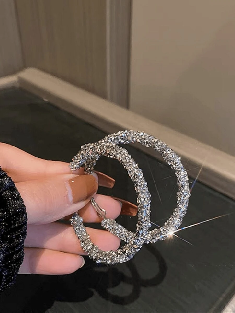 1 对新款时尚大号圆形水钻耳环，优雅女士环形耳环适合日常佩戴 - 白色 - 查看 1