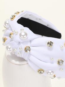 鑲有水晶和人造珍珠的皇室風頭帶 - 白色 - 查看 6