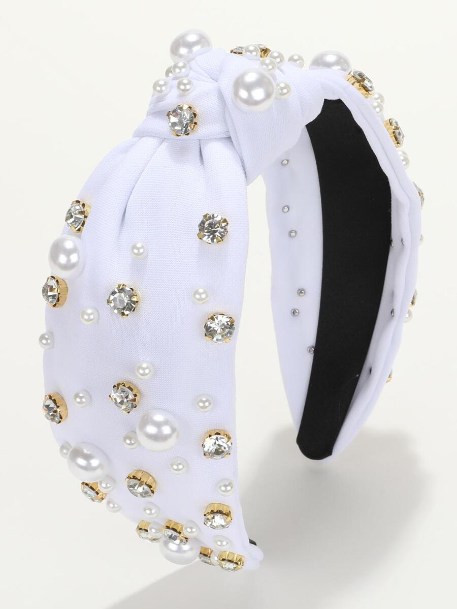 鑲有水晶和人造珍珠的皇室風頭帶 - 白色 - 查看 1