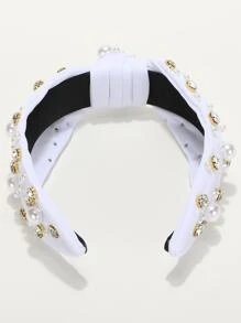 鑲有水晶和人造珍珠的皇室風頭帶 - 白色 - 查看 2