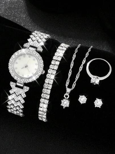 6pcs Women's Silver Fashion Quartz Wristwatch With Rhinestone Decoration, Minimalist Watch, Women's Jewelry Set, Elegant Rhinestone Accents, Suitable For Daily Wear And Valentine's Day Gifting