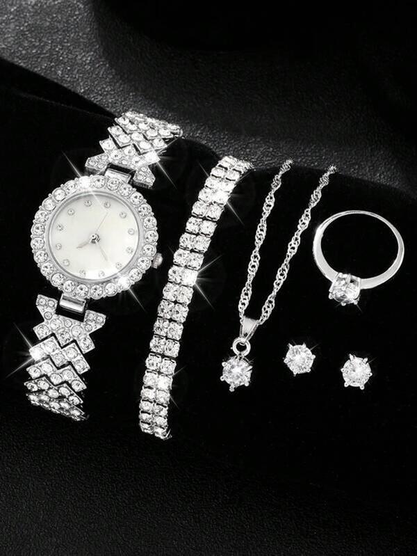6pcs Women's Fashion Silver Quartz Watches, Rhinestone Embellished, Minimalist Style, Women's Jewelry Set, Elegant Rhinestone Accents, Suitable For Daily Wear And Valentine's Day Gift