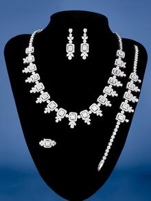 DV JEWELRY 5入組情人節奢華人造項鍊,手環,耳環,圓環首飾套裝適合女士,華麗珠寶和手錶禮品適用於日期 - 銀色 - 查看 1