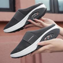 Nữ Mùa Hè Giày Nửa Trượt Dệt Kim Cổ Lưới Thường Thoáng Khí Nhẹ Siêu Đệm Không Khí Đá Đế Nhẹ Mẹ giày - Màu xám đen - Xem 1