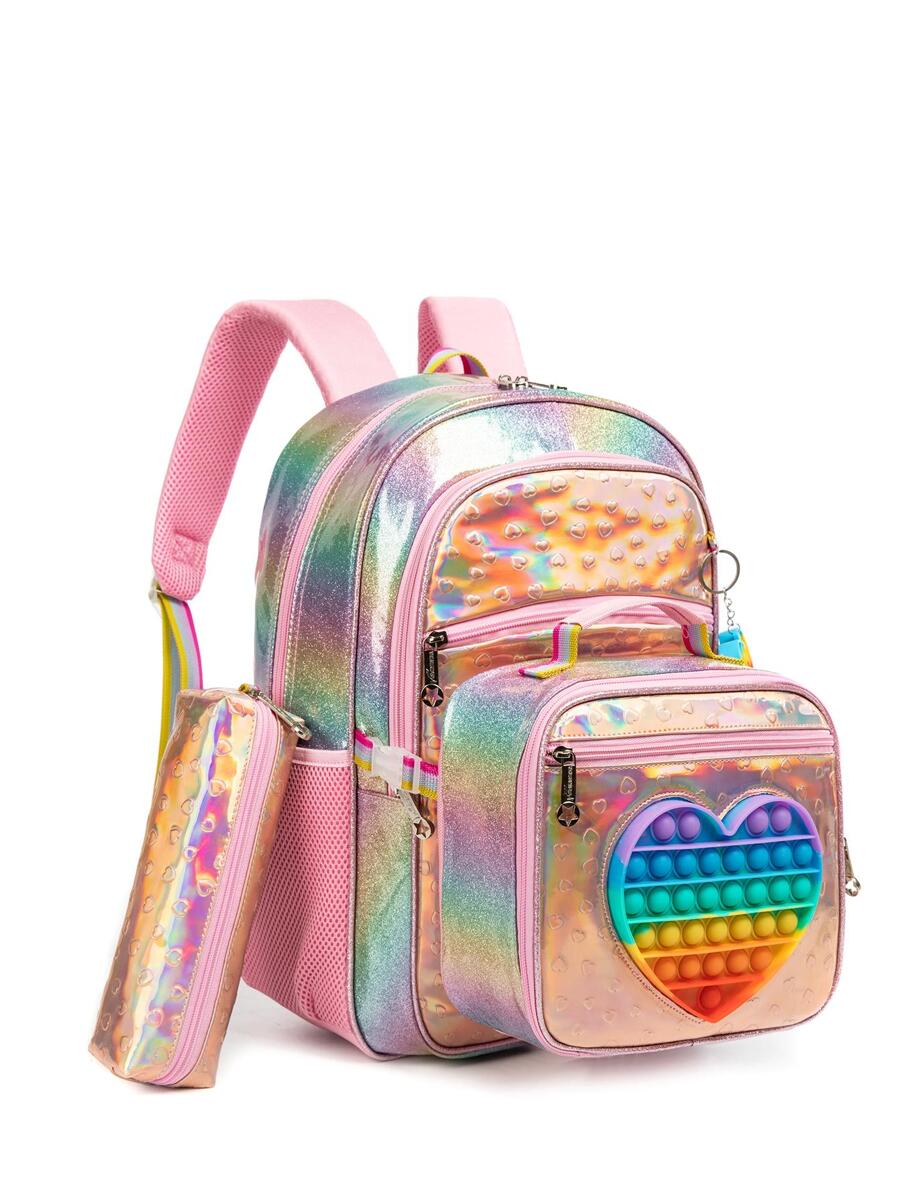 Ba lô trang trí hình trái tim 3 chiếc cho bé gái & Hộp đựng bút chì & Túi hộp đựng đồ ăn trưa - Nhiều màu - Xem 1