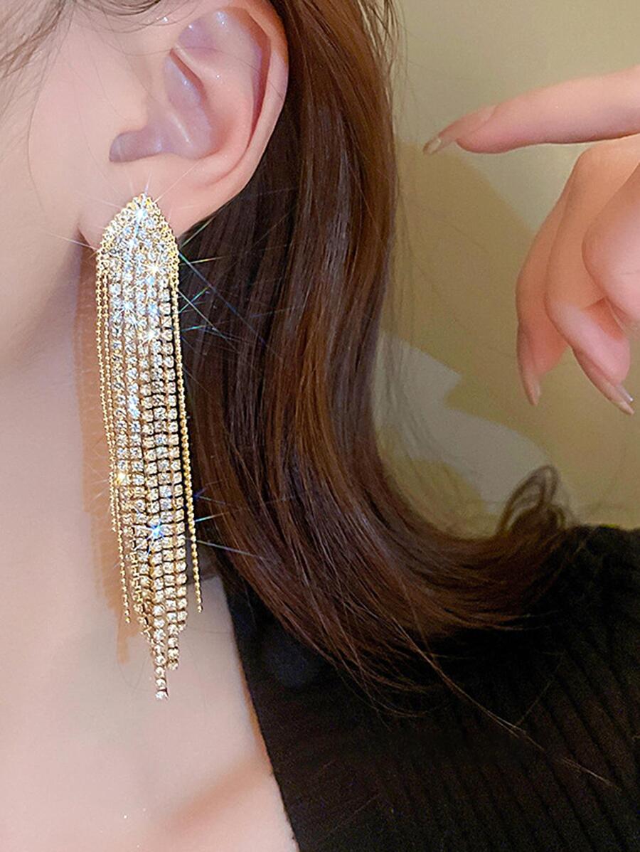 1對全鑽石歐美風格法語長流蘇耳環