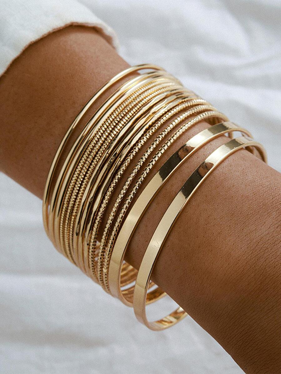 14pcs/set Fashionable Wide Cuff , Smooth Bangle & Bracelet Set - Gold - View 1
