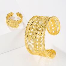 1入組金色小麥穗條紋空心開口手鍊戒指套裝,適用於女性 - 金色 - 查看 4