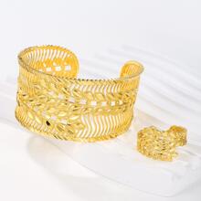 1入組金色小麥穗條紋空心開口手鍊戒指套裝,適用於女性 - 金色 - 查看 1