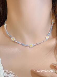 串珠花朵裝飾項鍊 - 紫色 - 查看 2