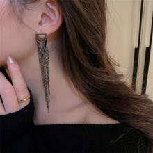 1pair Geometric Triangle Black Tassel Dangle Earrings - Black - View 2