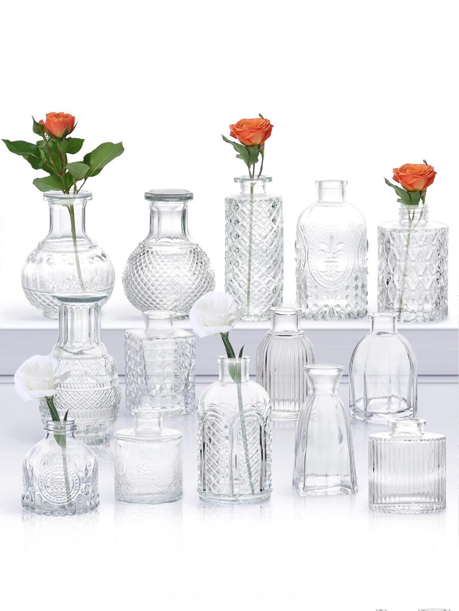 14pcs Clear Glass Vase Set Bud Vases For Flowers In Bulk For Rustic Wedding Home Table Decor,Home Decor,Flower Vase,Centerpiece,Table Decor - Clear - View 1