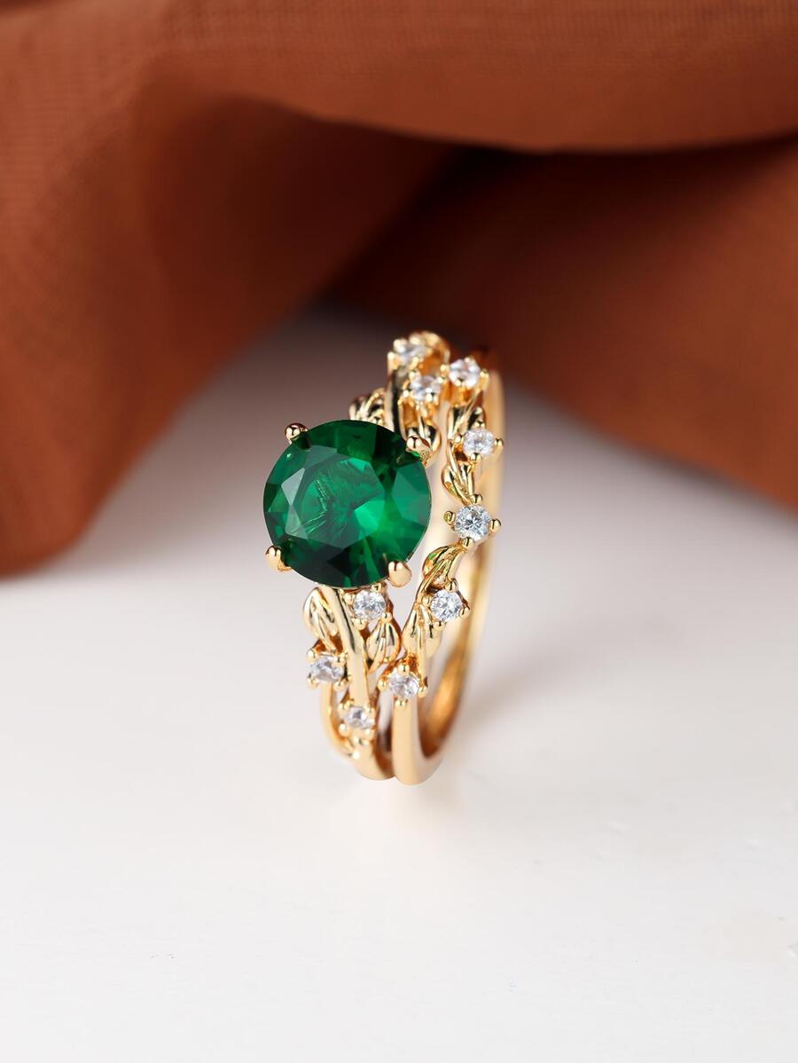 Bộ nhẫn trang trí tiệc cưới hình tròn màu ngọc lục bảo đơn giản theo phong cách retro - màu xanh lá - Xem 1