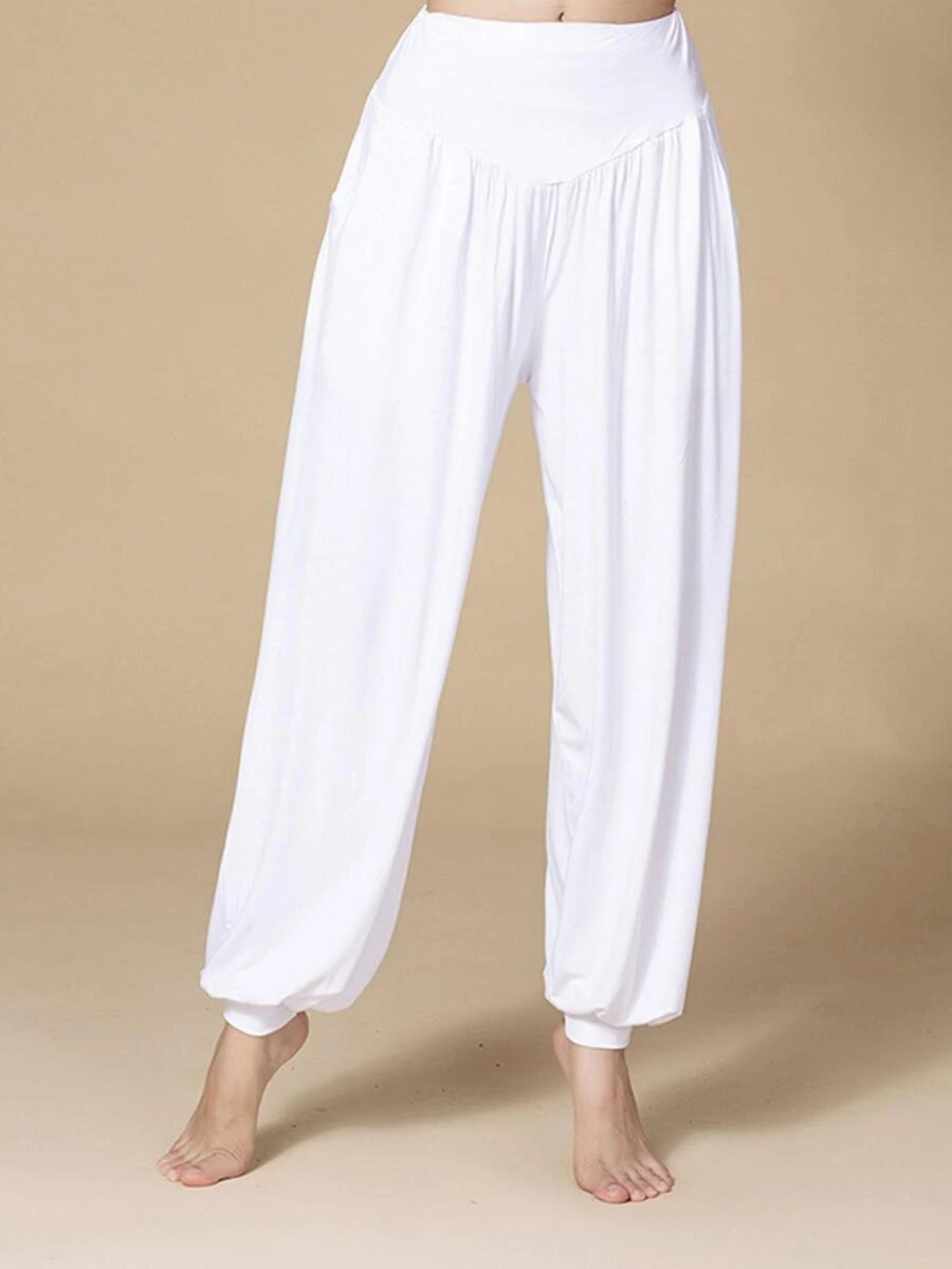 Pantalones deportivos fruncido de cintura con cordón - Blanco - Ver 1