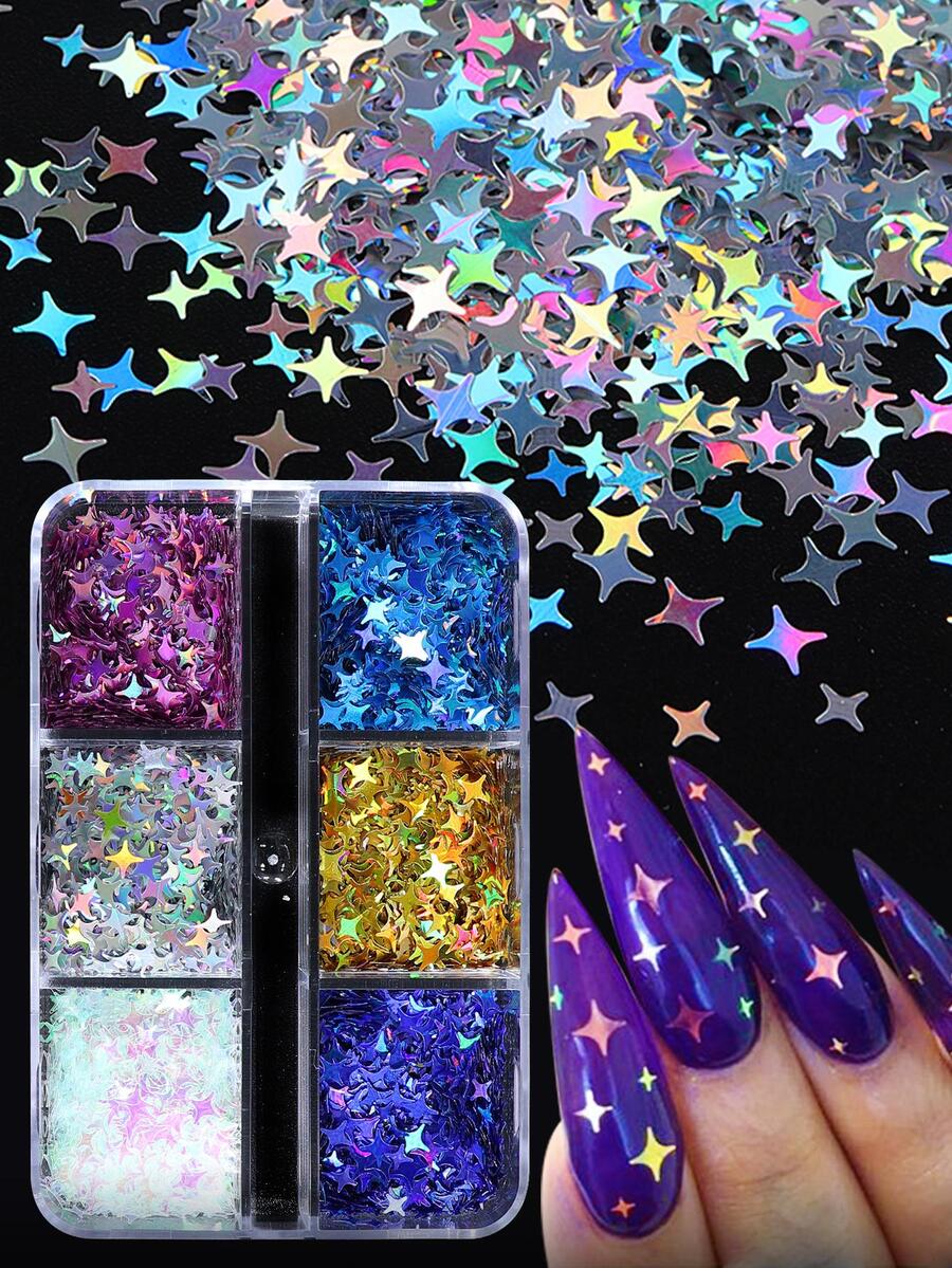 6格全息四角星美甲亮片装饰，各种尺寸星形碎片 DIY美甲用品