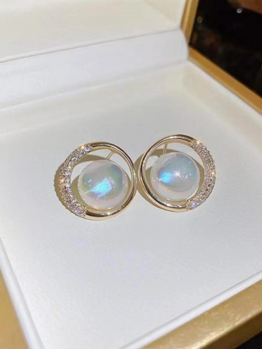 Phong cách ngọt ngào Vòng tròn Zirconia Công chúa nàng tiên cá & Bông tai ngọc trai, Trang sức tai nữ cao cấp hợp thời trang Hàn Quốc - Vàng - Xem 1