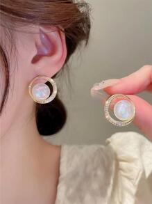 Phong cách ngọt ngào Vòng tròn Zirconia Công chúa nàng tiên cá & Bông tai ngọc trai, Trang sức tai nữ cao cấp hợp thời trang Hàn Quốc - Vàng - Xem 2