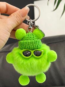 Pom Pom Bag Charm Sunglasses & Hat Decor Key Chain - Green - View 2