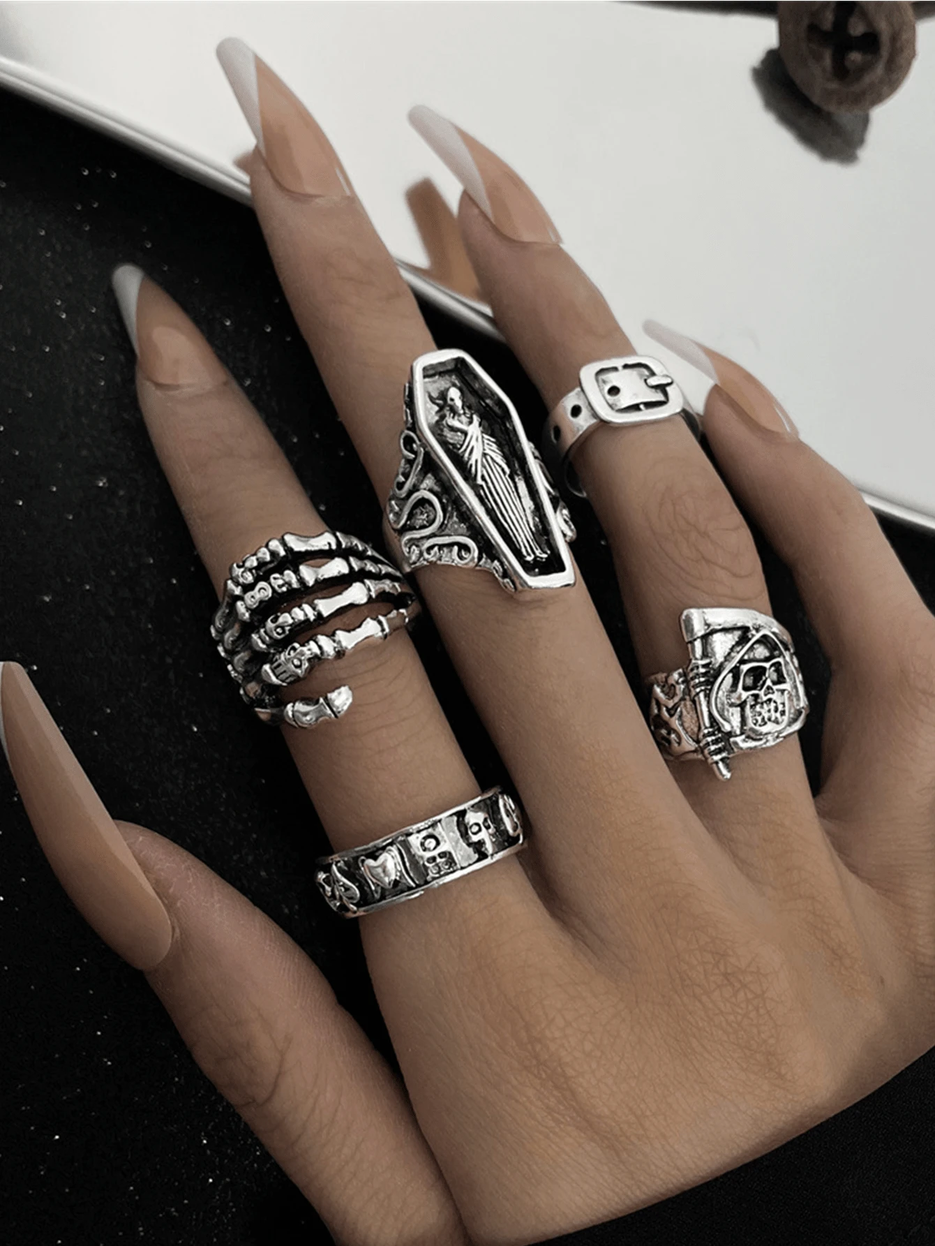 1套/5入組骷髏手掌和戒指套裝合適適合女士日常穿著 - 復古銀色 - 查看 1