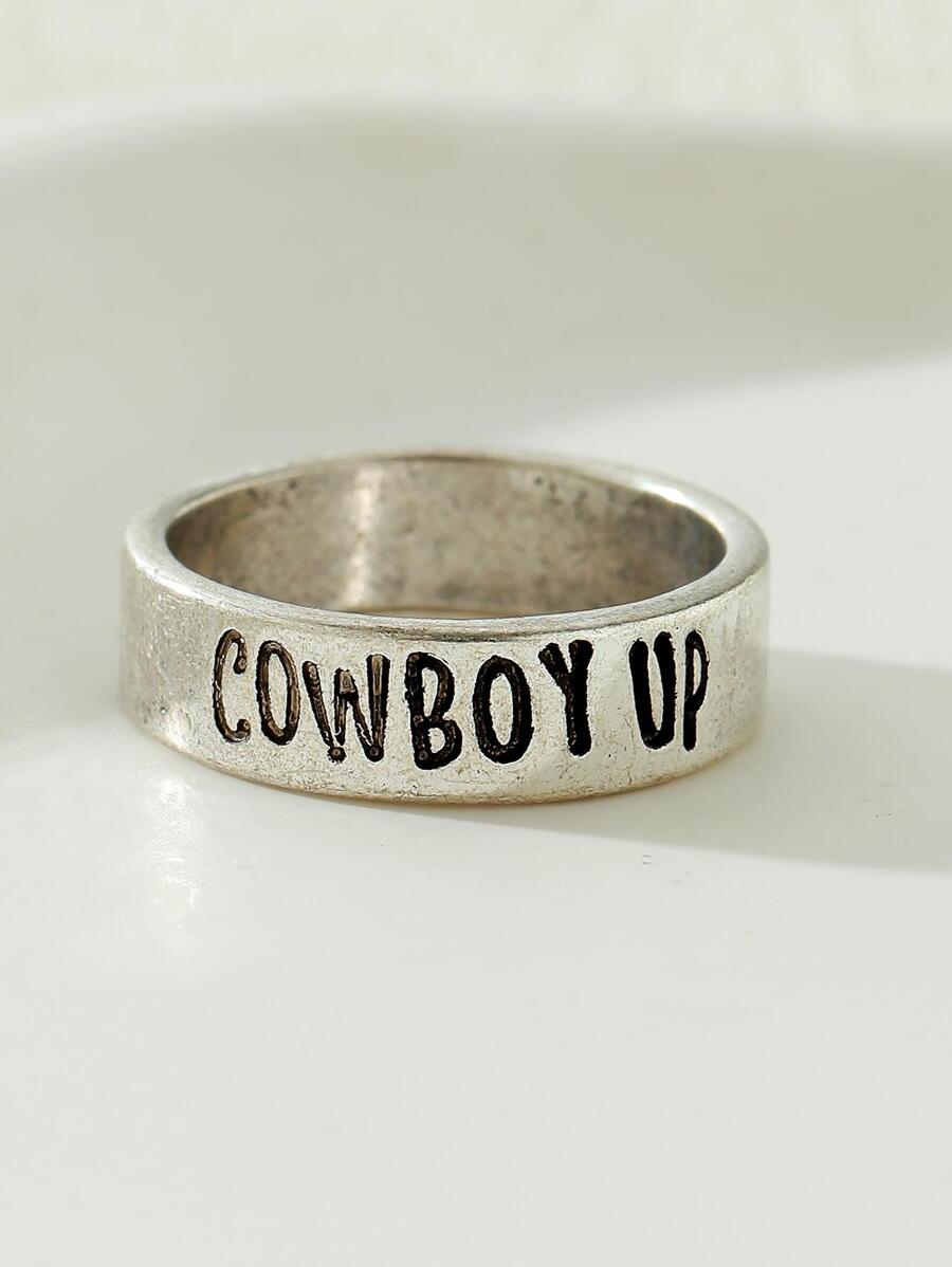 1入組西部牛仔紋理字母戒指適合女士 - 復古銀色 - 查看 1