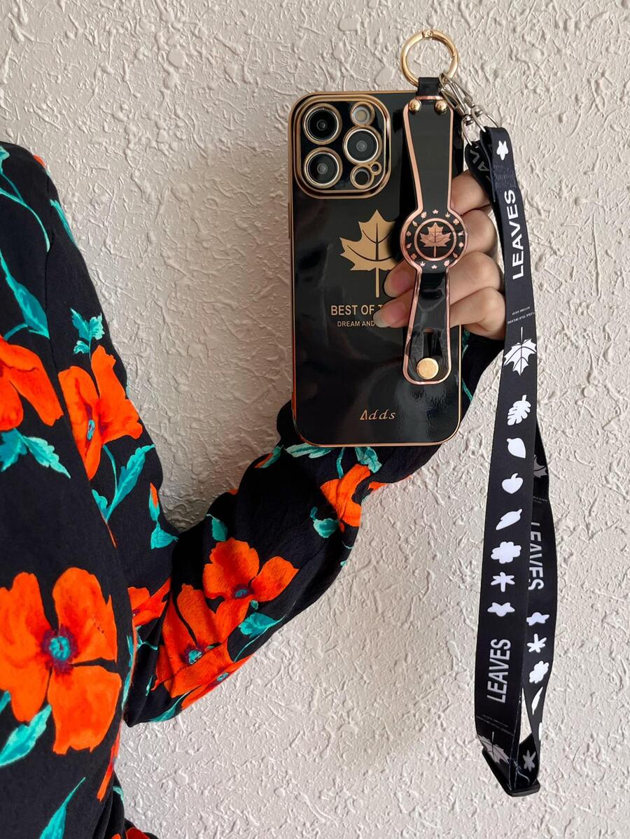 Vỏ điện thoại họa tiết lá có dây buộc - màu đen - Xem 1