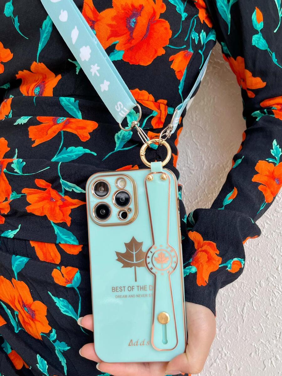 Vỏ điện thoại đồ họa chữ cái có giá đỡ dây đeo cổ tay - màu xanh lá - Xem 1