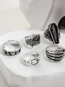 1套/5入組骷髏手掌和戒指套裝合適適合女士日常穿著 - 復古銀色 - 查看 2