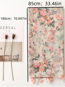 1pc Beach Accessories New Arrival Romantic Pink Flower Printed -Linen Blend Scarf With Tassel For Women, Suitable For Casual Wear, Travel, Beach, Shawl, Gift Boho Winter Fall - Multicolor - View 3