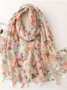 1pc Beach Accessories New Arrival Romantic Pink Flower Printed -Linen Blend Scarf With Tassel For Women, Suitable For Casual Wear, Travel, Beach, Shawl, Gift Boho Winter Fall - Multicolor - View 1