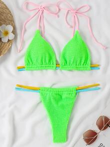 系带肩三角丁字裤比基尼夏季 - 綠色 - 查看 2