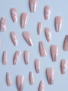 使用24入組半透明閃爍亮粉長棺形花紋全套壓克力假指甲套件，讓您的造型更上一層樓，輕鬆即可完成裝飾。 - 粉色 - 查看 3