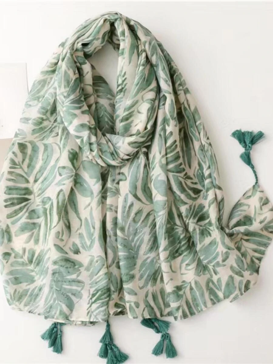 1條葉子印花流蘇裝飾圍巾復古大披肩,休閒戶外防曬頭巾旅行沙灘巾禮物 - 彩色 - 查看 1
