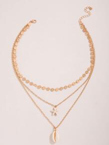 1入組三多層度假風格合金硬幣圓片鏈條帶海星和貝殼吊墜項鍊適合女士,節日禮物