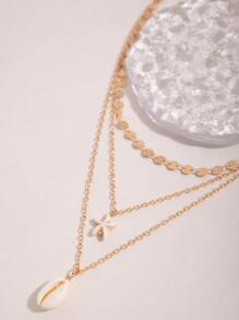 1入組三多層度假風格合金硬幣圓片鏈條帶海星和貝殼吊墜項鍊適合女士,節日禮物