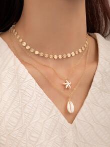 1入組三多層度假風格合金硬幣圓片鏈條帶海星和貝殼吊墜項鍊適合女士,節日禮物
