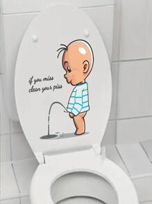 1pc Creative Character & Slogan Printed Removable Toilet Sticker Bathroom Restroom Decoration - Apricot - View 4