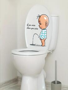 1pc Creative Character & Slogan Printed Removable Toilet Sticker Bathroom Restroom Decoration - Apricot - View 3