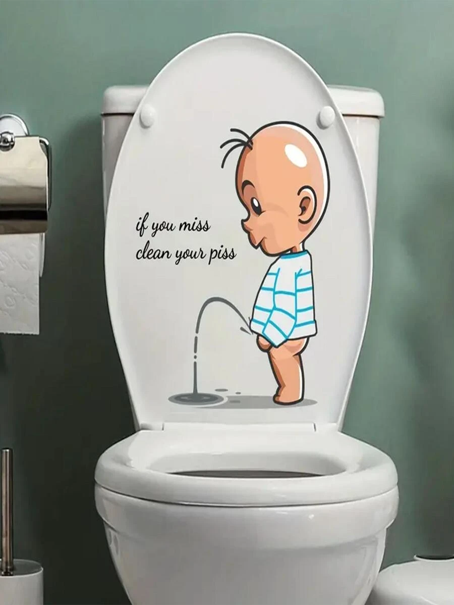 1pc Creative Character & Slogan Printed Removable Toilet Sticker Bathroom Restroom Decoration - Apricot - View 1