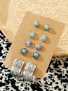 5對西部風格復古風格綠松石色石頭裝飾釘狀首飾耳墜套裝適合女士 - 復古銀色 - 查看 2
