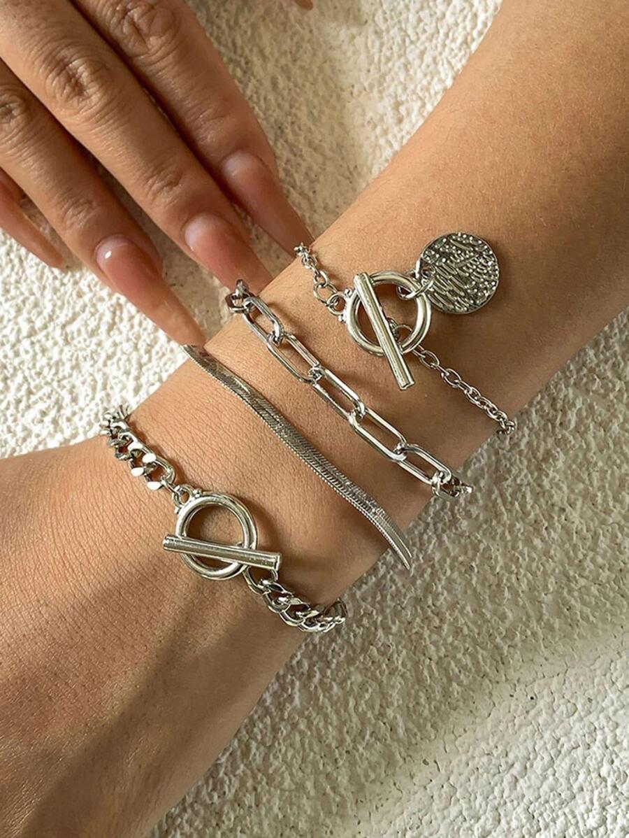 4pcs/Set Punk Metal Style Hollow Chain & Disc Pendant Bracelet (Special Material, Avoid Contact With Water)