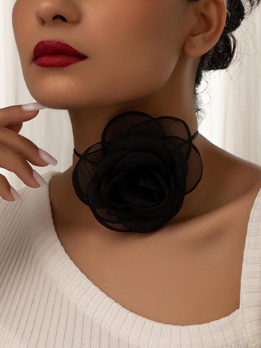 1 chiếc vòng cổ choker hoa hồng nhung hình hoa ma quái dành cho phụ nữ ngày lễ tình nhân - màu đen - Xem 1