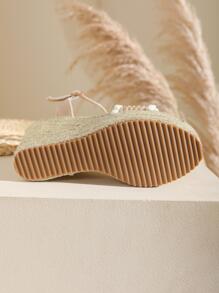 新品到貨彈簧2023時尚大尺寸休閒帆布踝帶編織下裝防水台坡跟涼鞋 - 杏色 - 查看 7