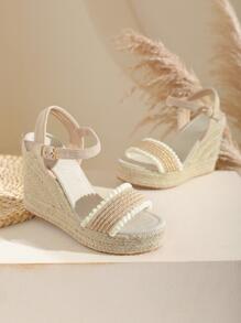 新品到貨彈簧2023時尚大尺寸休閒帆布踝帶編織下裝防水台坡跟涼鞋 - 杏色 - 查看 5