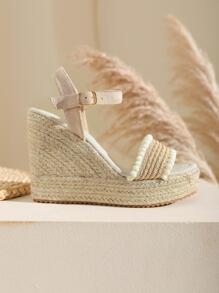 新品到貨彈簧2023時尚大尺寸休閒帆布踝帶編織下裝防水台坡跟涼鞋 - 杏色 - 查看 6