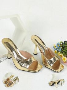 新款 2023 欧美女士露趾高跟防水厚底凉鞋，露趾、细高跟、不对称蛇纹印花鞋面。 - 金色 - 查看 5